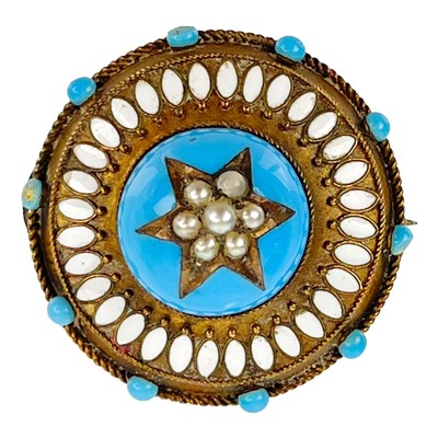Lot 2 - A Victorian Castellani style rose gold enamelled target brooch.