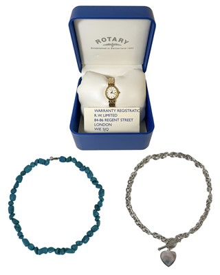 Lot 392 - A silver necklace, a turquoise bead necklace and a Rotary quartz wristwatch.