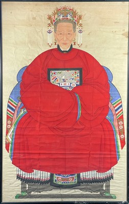 Lot 1054 - A large pair of Chinese ancestor portrait paintings, 19th century.