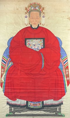 Lot 1054 - A large pair of Chinese ancestor portrait paintings, 19th century.
