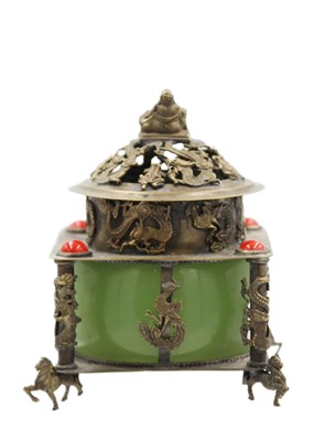 Lot 377 - A Chinese green jadeite and metal censer, early 20th century.