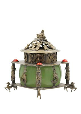 Lot 377 - A Chinese green jadeite and metal censer, early 20th century.
