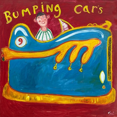 Lot 276 - A large 'Bumping cars' hand painted sign by Simeon Stafford.