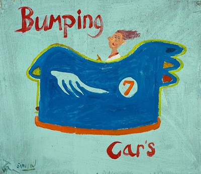 Lot 174 - A small 'Bumping cars' hand painted sign by Simeon Stafford.