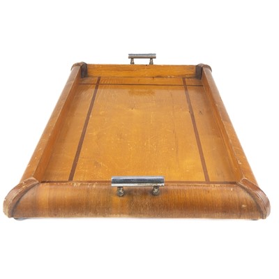 Lot 55 - An Art Deco walnut and satinwood tray with chrome twin handles.