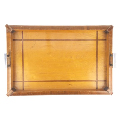 Lot 55 - An Art Deco walnut and satinwood tray with chrome twin handles.