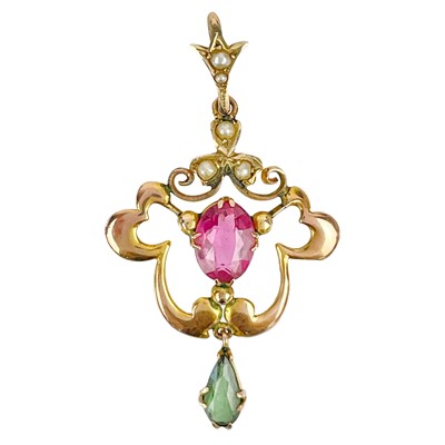 Lot 192 - An Art Nouveau Suffragette 9ct seed pearl, pink & green tourmaline set openwork pendant.