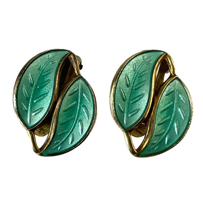 Lot 13 - A David Andersen of Norway silver gilt enamel; leaf brooch and pair of leaf clip earrings.