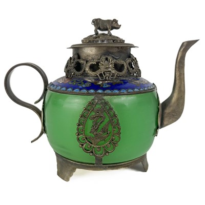 Lot 1175 - A Chinese white metal and jade teapot, circa 1900.