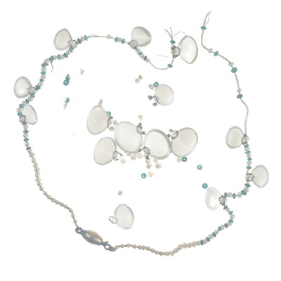 Lot 160 - A delicate moonstone, turquoise and seed pearl necklace with gold clasp.