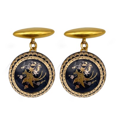 Lot 303 - A pair of pique work rose gold mounted and 18ct chain and torpedo end cufflinks.