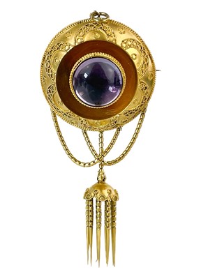 Lot 318 - A Victorian Etruscan revival mat gold, carbuncle foiled amethyst set brooch.