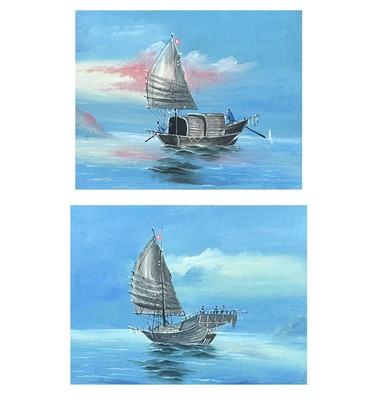 Lot 1067 - A pair of Chinese watercolours 'junks at sea', circa 1900.