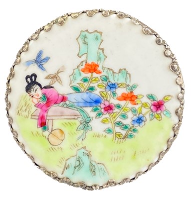 Lot 1249 - A Chinese famille rose porcelain and white metal circular box, early-mid 20th century.