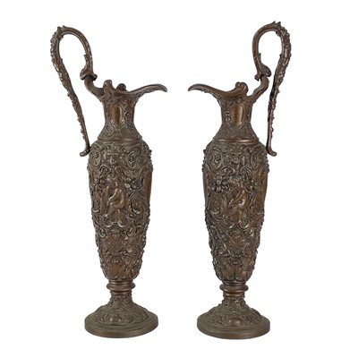 Lot 106 - A pair of metal pedestal jugs.