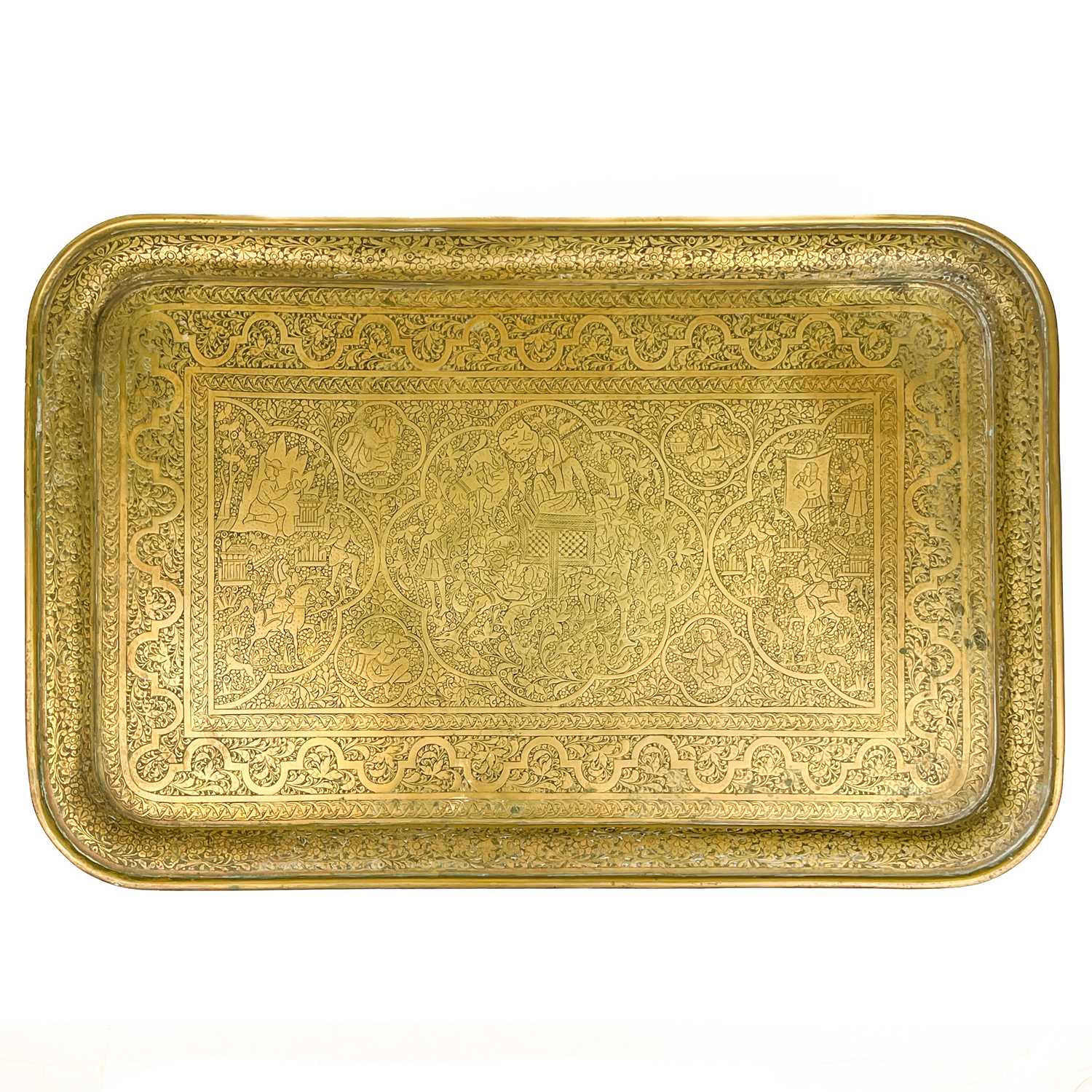 Lot 87 - A large Persian brass rectangular tray, late 19th century.