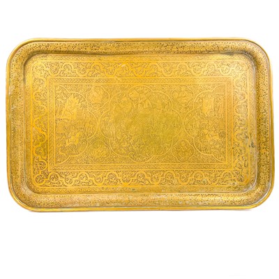 Lot 87 - A large Persian brass rectangular tray, late 19th century.
