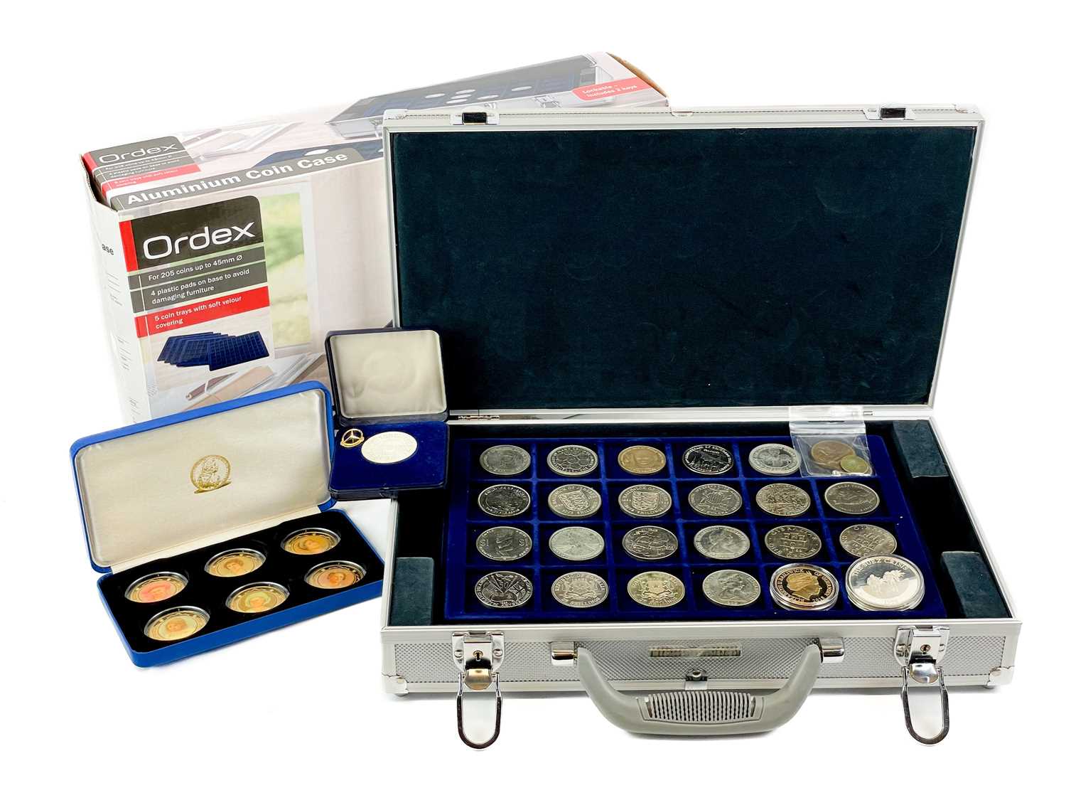 Lot 54 - GB and Foreign crown sized coins and medallions including silver with aluminum coin case