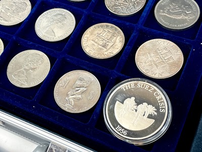 Lot 54 - GB and Foreign crown sized coins and medallions including silver with aluminum coin case