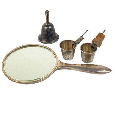 Lot 1083 - A Chinese silver hand mirror, pair of toddy ladles and a hand bell.