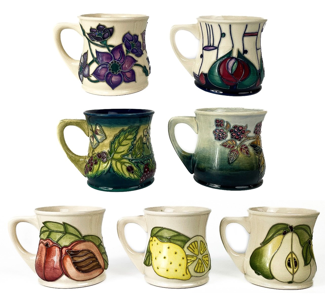 Lot 578 A collection of seven Moorcroft Pottery mugs.