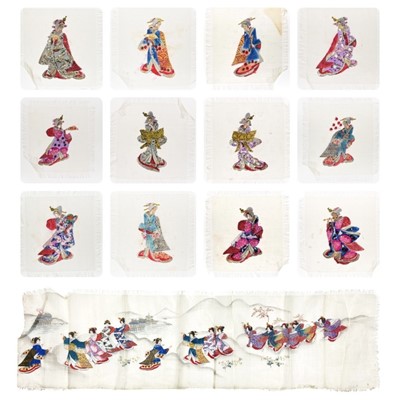 Lot 1336 - A Japanese painting on silk of Geisha girls in a landscape, early-mid 20th century