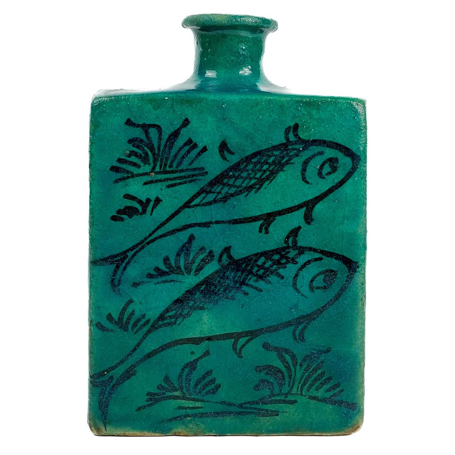 Lot 144 - A Persian turquoise glazed pottery flask, 19th century.