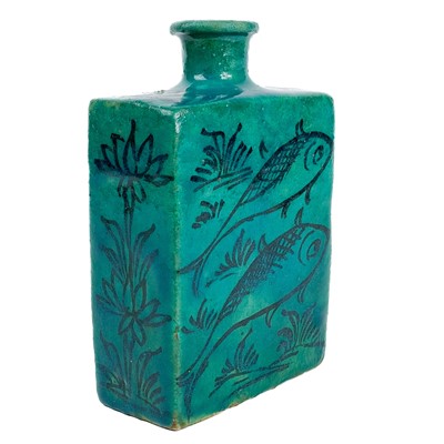 Lot 144 - A Persian turquoise glazed pottery flask, 19th century.