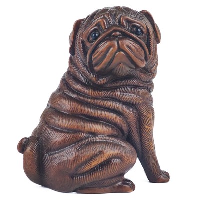 Lot 1346 - A Japanese carved wood okimono of a pug, 20th century.