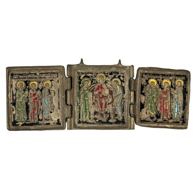 Lot 92 - An Orthodox brass and enamel folding triptych Icon.