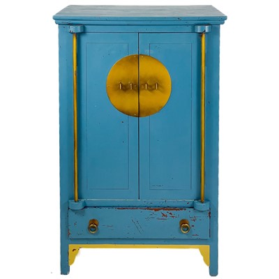 Lot 1351 - A Chinese style blue painted wooden side cabinet, 20th century.