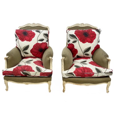 Lot 722 - A pair of French Louis XV style upholstered chairs.