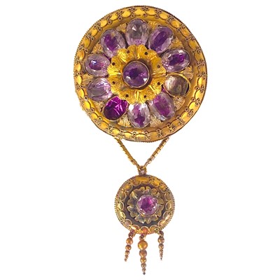 Lot 208 - A Victorian high-purity gold (tests 15ct) foiled amethyst set drop circular brooch.