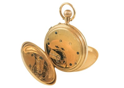 Lot 25 - An 18ct chronograph centre seconds crown wind full hunter pocket watch by Thomas Russell & Son.