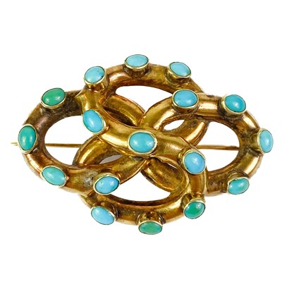 Lot 126 - A Victorian gold turquoise set lovers knot brooch.