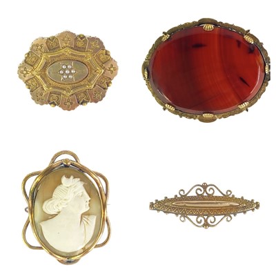 Lot 249 - Three Victorian gold brooches, and a gold-plated cameo brooch.