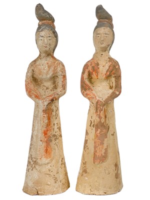 Lot 1378 - A pair of Chinese pottery female court attendants, Han Dynasty,.