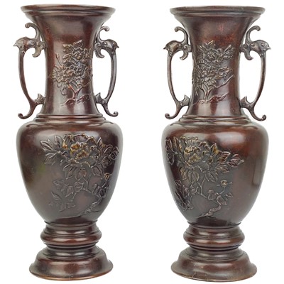 Lot 1412 - A pair of large Japanese bronze vases, Meiji period.