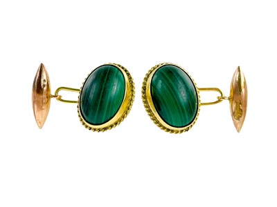 Lot 243 - A pair of high-purity gold malachite set cufflinks with 9ct torpedo ends.