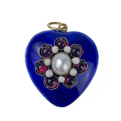 Lot 273 - A Victorian gold, blue guilloche enamel, garnet and pearl set heart pendant.