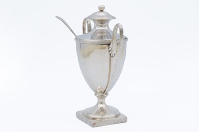 Lot 13 - A George III silver twin handled pedestal lidded mustard pot by Abraham Peterson & Peter Podio.