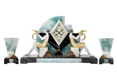 Lot 380 - A French Art Deco onyx and marble clock garniture.