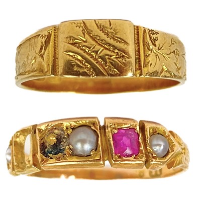 Lot 189 - A Victorian 18ct band ring with engraved decoration and a 15ct pink sapphire and pearl set ring.