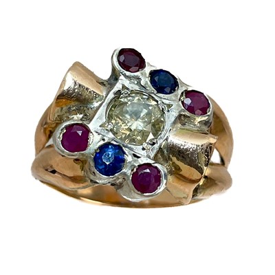 Lot 107 - A 9ct yellow and white gold certified diamond, ruby and sapphire dress ring.