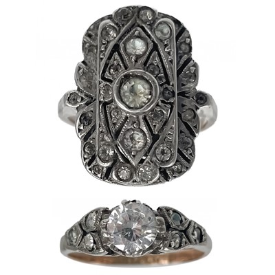 Lot 159 - Two Art Deco 9ct and silver white stone set rings.