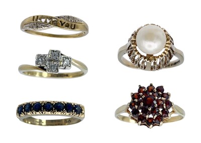 Lot 120 - A selection of five 9ct gem set rings.