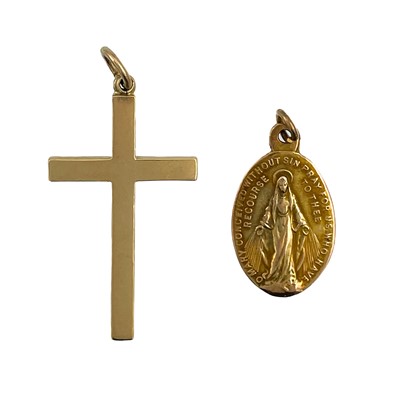 Lot 348 - A 9ct 32mm cross pendant and a 9ct Miraculous medal pendant.