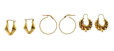 Lot 306 - Three pairs of 9ct hoop earrings.