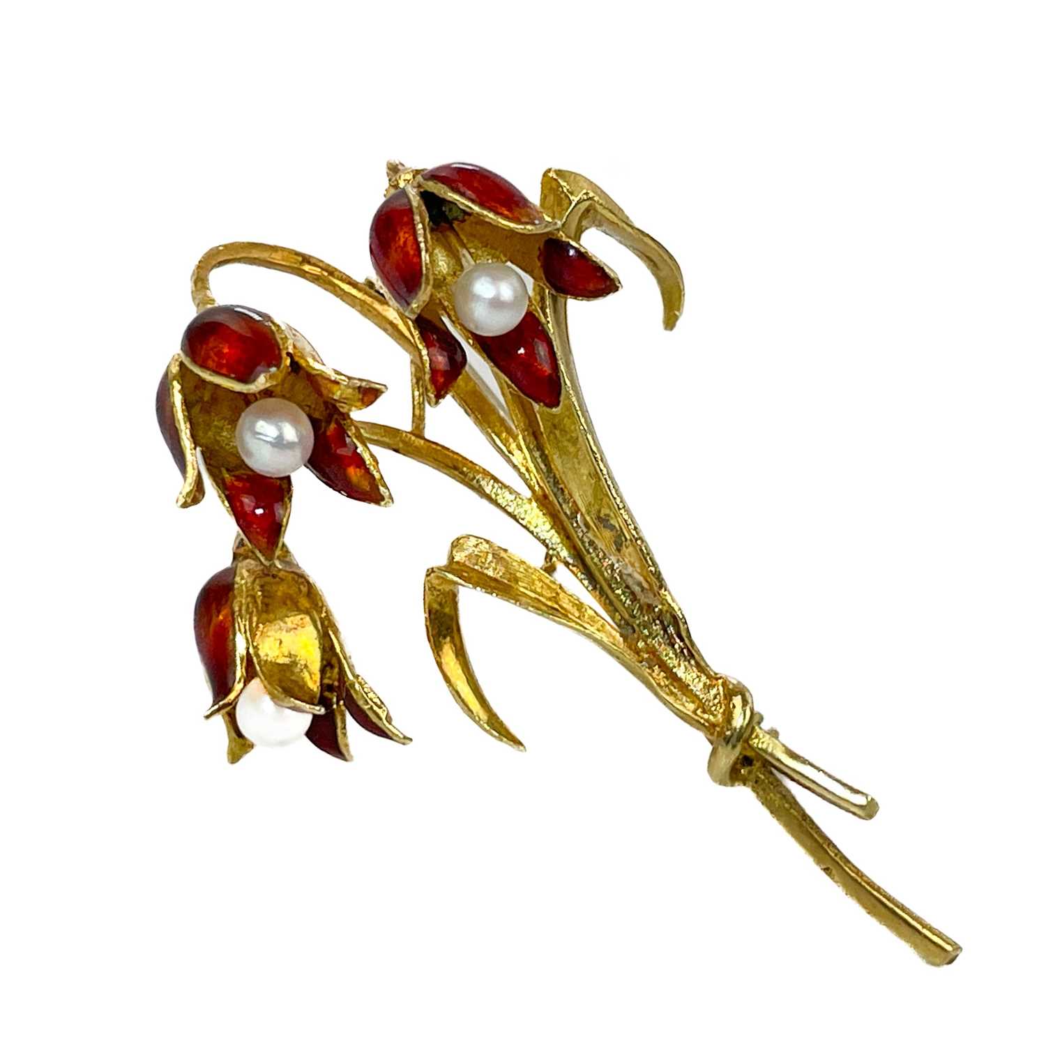 Lot 20 - An 18ct red enamel and pearl set flower bouquet brooch.