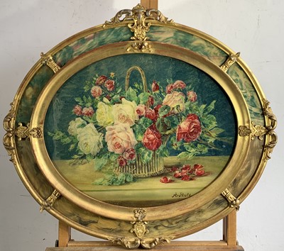 Lot 444 - Still life with roses in an oval ornate gilt...